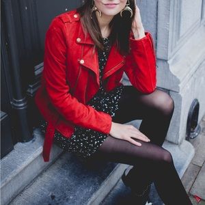 belted women moto jacket red blazer zip front